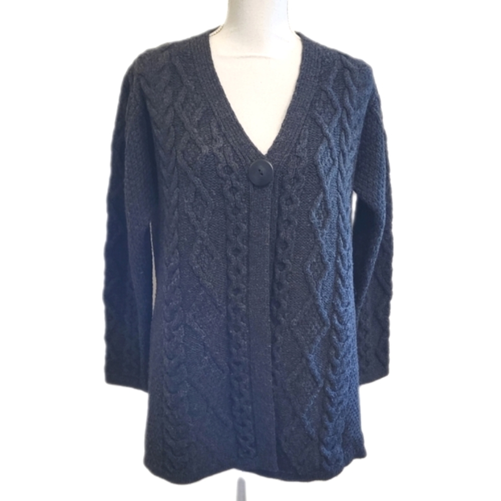 Aran Crafts Merino Wool V-Neck Cardigan Gray Size Medium